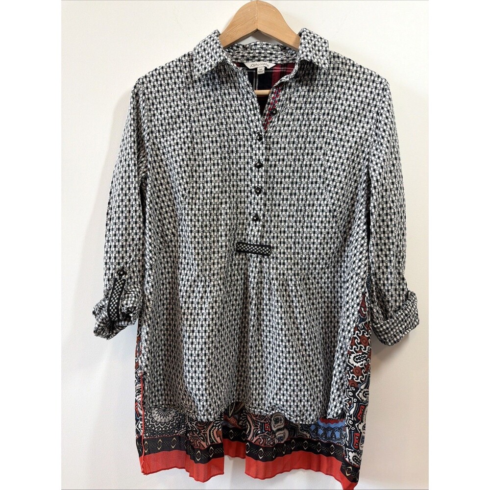 John Mark Black White Check Ribbed Back Boho Roll Tab Sleeve Pullover  - Size M